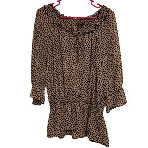 Y2K Apostrophe Sheer Polka Dot Ruffle Neckline‎ 1/2 Sleeve Blouse Women's Large